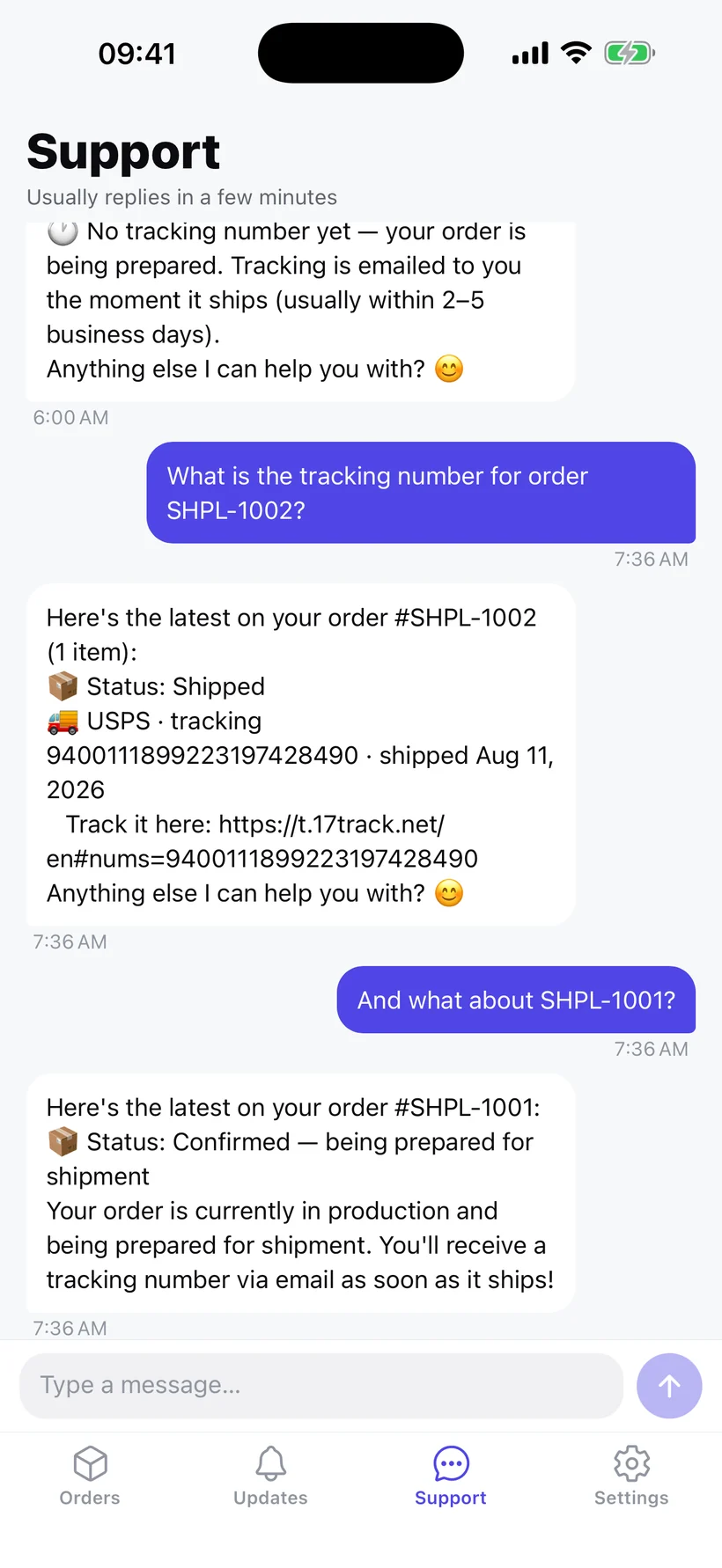 Support chat inside the Shipello app answering an order question
