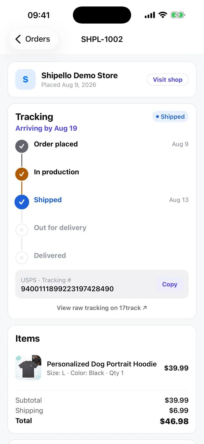 Order detail with live delivery timeline and tracking number